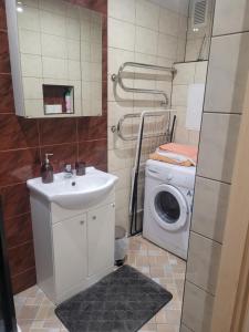 a bathroom with a sink and a washing machine at Maironio Apartamentai in Radviliškis
