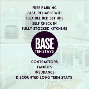 a flyer for a free parking fast reliable wifi flexible bed set ups set check at Spacious 3BR Leicester Home, Sleeps 8, Free Parking, Fast WiFi, Long Stay & Contractors Welcome in Leicester