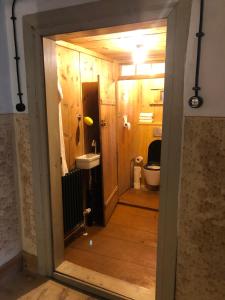 a bathroom with a sink and a toilet in a room at Floras Haus Hostel in Schattwald