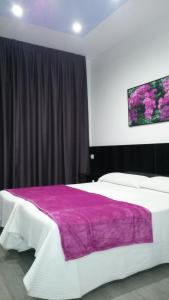 1 dormitorio con 1 cama grande con manta morada en Hostal Buenos Aires, en Madrid