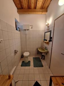 a bathroom with a toilet and a sink at Hillside Vendégház a Szent György-hegyen in Raposka
