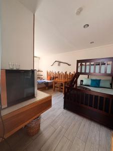 a living room with a bed and a television at Drift Away Lodge CR in Santa Cruz