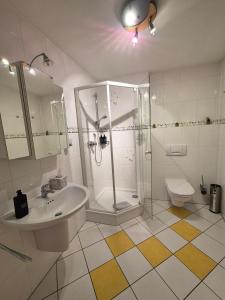 a bathroom with a shower and a sink and a toilet at Gästehaus Ritz in Wintrich +32 photos