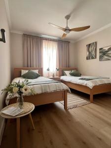 een slaapkamer met twee bedden en een plafondventilator bij Central Self Catering in Swakopmund