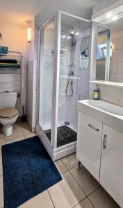 une salle de bains avec douche, lavabo et toilettes dans l'établissement Fréjus centre, à Fréjus