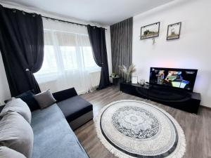a living room with a couch and a flat screen tv at Christal Apartment in Bacău