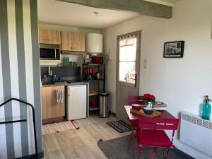 a kitchen with a red table and a white refrigerator at STUDIO EN AUVERGNE Le ruisseau in Saint-Priest-Bramefant