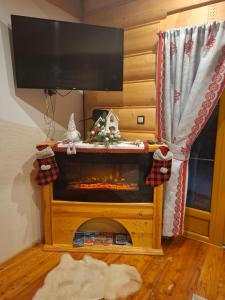 Una sala de estar con chimenea y televisión. en Domek do wynajęcia - Podczerwone, en Koniówka