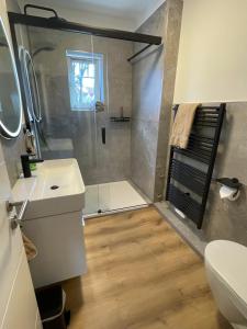a bathroom with a shower and a sink and a toilet at FeWo Ostsee Ahoi in Timmendorfer Strand