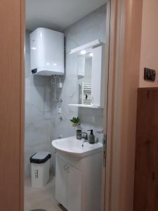 Apartman Pogled Divcibare في ديفشيبار: حمام أبيض مع حوض ومرآة