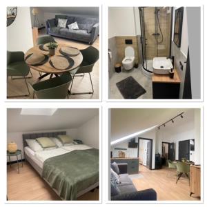 a collage of four pictures of a bedroom and a bathroom at Harmony House -Appartement Green in Kołczewo