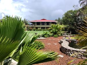 een huis met een tuin met een vijver ervoor bij Casa Canadiense in Chacarita