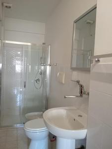 Un baño con lavabo, inodoro y ducha. en Casa Vacanze L'Agrifoglio, en Castel di Sangro