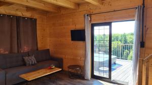a living room with a couch and a sliding glass door at Domek Pod Gwiazdami in Zwiernik