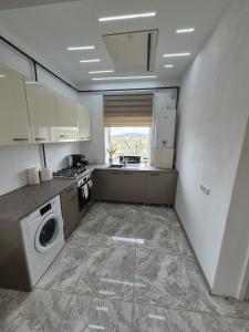 Una cocina con lavadora y secadora en una habitación. en Paul's Houses, en Ocna-Mureşului 6 fotos más