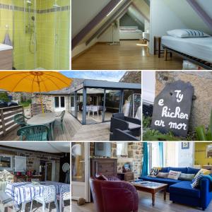 een collage van foto's van een woonkamer en een huis bij Ty Kichen Mor - campagne - wifi in Crozon