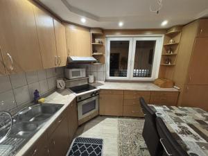 a kitchen with a sink and a stove and a window at Apartments Amy in Sarajevo +22 photos
