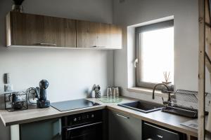 a kitchen with a sink and a window at Love-Room BreakyWell in Rémelfang +14 photos