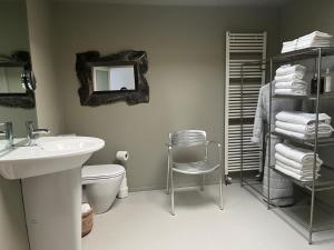 ein Badezimmer mit Waschbecken, Toilette und Spiegel in der Unterkunft Seaside in Portrush