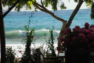 a bunch of flowers sitting on a table near the ocean at Hotel Cleopatra in Chorefto