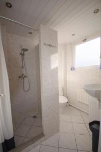 ein Bad mit einer Dusche, einem WC und einem Waschbecken in der Unterkunft Pension Oranje in Zandvoort