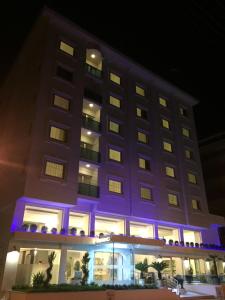Cimenoglu Hotel في دنيزلي: فندق أمامه اضاءة ارجوانية