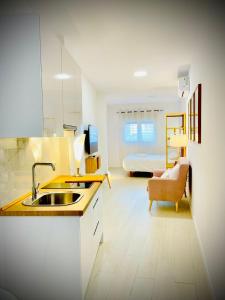 a kitchen with a sink and a room with a bed at Apartamentos Guerrero in Merida +14 photos