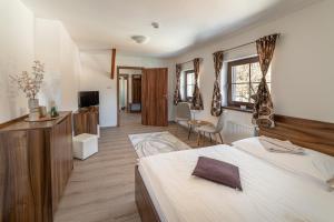 a hotel room with two beds and a television at Penzion Studánka, Klíny in Klíny