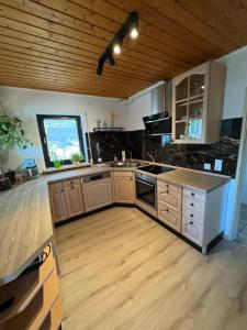 a kitchen with wooden cabinets and a wooden floor at FeWo Kaiserblick in Treuchtlingen +25 photos