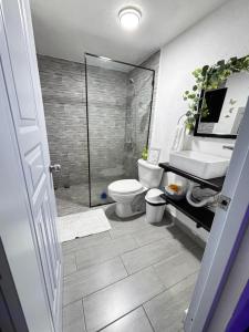 a bathroom with a shower and a toilet and a sink at Lovely tiny studio in Jarabacoa +85 photos