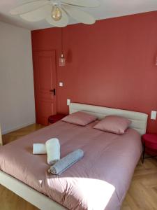 a bed with two pillows and a remote control on it at Le Gally 40m2 Cœur de ville avec garage! in Rodez