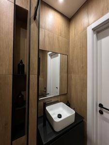 a bathroom with a white sink and a mirror at Dreamside Apartment in Chakvi +6 photos
