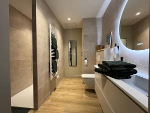 une salle de bain avec un lavabo, des toilettes et un miroir dans l'établissement COSY TERRASSE 6 pers Ax Thermes Centre Parking, à Ax-les-Thermes 18 autres photos