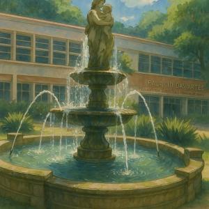 a painting of a fountain in front of a building at Recanto Central in Serra Negra +10 photos