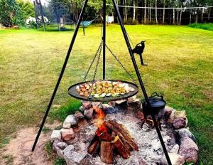 a grill with a tray of food over a fire at Sielski Zakątek in Srokowo