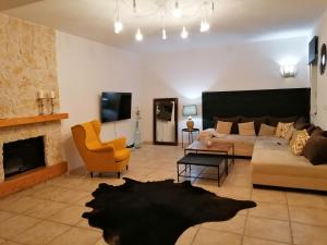 ein Wohnzimmer mit Couch und Kamin in der Unterkunft Villa Erika, Landidyll bei Ostuni in San Vito dei Normanni