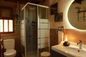 a bathroom with a toilet and a sink and a mirror at Casa Las Sabinas in Guarazoca +33 photos