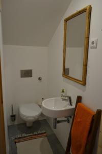 a bathroom with a sink and a toilet and a mirror at Casa de Condeixinha in Condeixa a Nova
