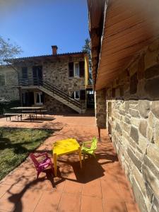 a patio with two colorful chairs and a building at La Dimora dei Dolci Ricordi Trasimeno Hideaway in Casalini