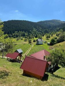 a group of buildings in a field with trees at Seosko domaćinstvo Desin Do in Berane