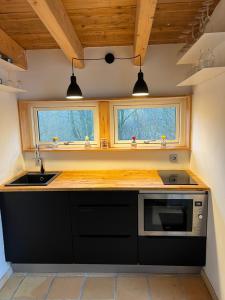a kitchen with a sink and a stove and two windows at foresthaus in Glücksburg