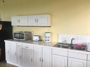 a kitchen with white cabinets and a sink and a microwave at Ocean Plateau in Motu Tiahura