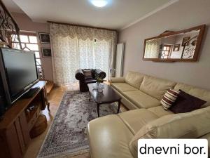 a living room with a couch and a television at Villa Heritage - Old Town - PRIVATE GARAGE in Sarajevo