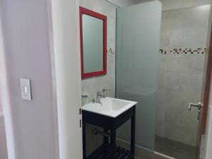 a bathroom with a sink and a shower with a mirror at Departamento Céntrico in Puerto Madryn