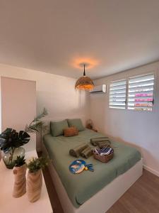 a bedroom with a green bed with a window at Joli Studio vue Mer avec Piscine in Cul de Sac +13 photos
