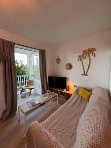 a living room with a bed and a table and a television at Joli Studio vue Mer avec Piscine in Cul de Sac