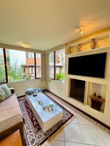 a living room with a flat screen tv and a fireplace at Duplex incrível a 5 min do centro com piscina in Nova Friburgo