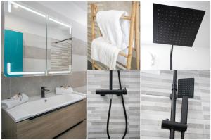 eine Collage mit Fotos eines Badezimmers mit einem Waschbecken und einem Spiegel in der Unterkunft Villa Gosier T3- Vue Nature - Romantique in Le Gosier + 15 Fotos