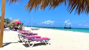 a group of lounge chairs on a beach at Madonna Pool Beach los Corales in Punta Cana +89 photos