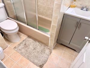 Roosevelt IslandPRIVATE 2 BR Apt with PRIVATE Backyard in LIC !!!的带淋浴、马桶和水槽的浴室